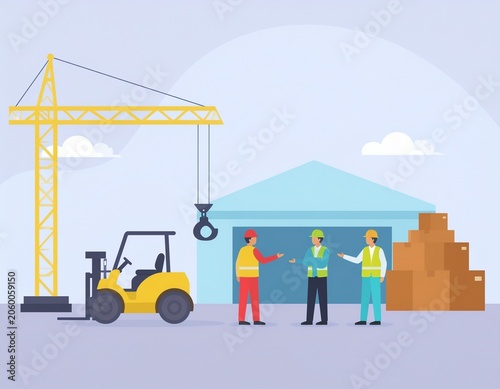 Industrial Logistics Professionals Coordinating Construction Site Operations with Heavy Equipment and Warehouse Cargo Storage