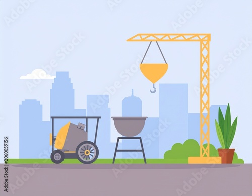 Industrial construction site featuring yellow crane and cement mixer equipment set against a city skyline background for urban development projects