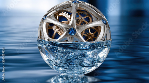 Futuristic sphere mechanical gear water splash blue jewel luxury object abstract design metallic structure floating ball modern art creative concept futuristic sphere half submerged water splash