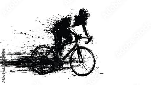 Cyclist speeds forward on a racing bicycle depicted with motion blur and ink splatter effects to symbolize health, fitness, and professional competitive sports.