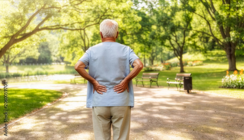 Elderly man standing in park on sunny day holding lower back, concept of age related back pain and decreasing muscle