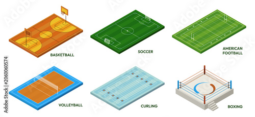 Sport fields, isometric game arenas. Basketball and soccer, American football and volleyball, curling and boxing layouts. Vector different match environments and structures collection