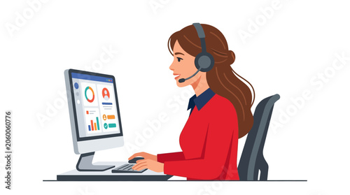 woman wearing headset sitting at computer with colorful graphs on screen