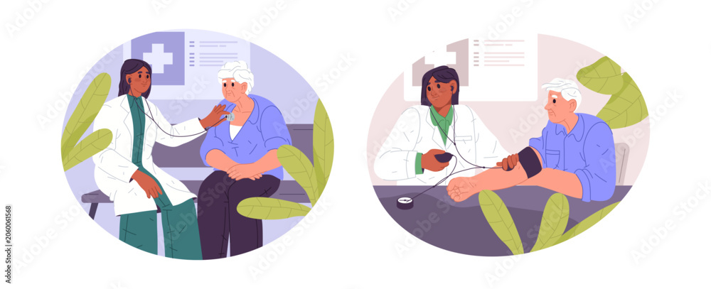 Fototapeta premium Health checkups, measuring blood pressure and using stethoscope in clinic. Vector doctors caring about patients. Cardiovascular monitoring and diagnostic testing, healthcare and medical equipment