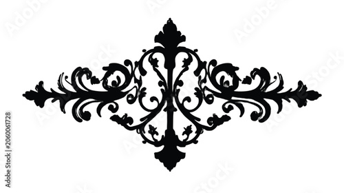 Ornamental divider showcases a complex black Victorian style symmetrical pattern on a solid white surface.