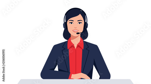 Female customer service representative wearing headset sitting at desk