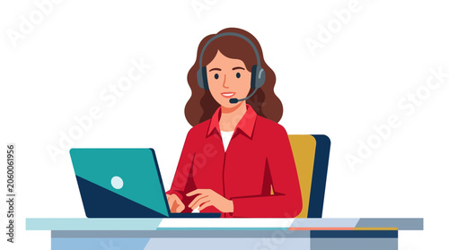 Female customer service representative wearing headset working on laptop