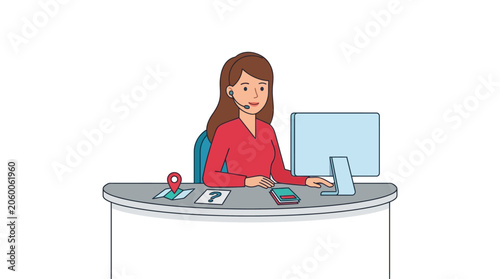 woman sitting at desk with computer and office supplies