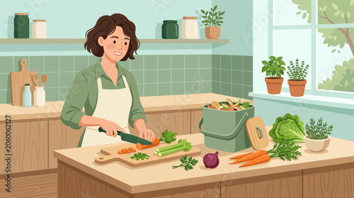 Woman Preparing Vegetables for Kitchen Composting with Food Scrap Collection Bin and Sustainable Zero Waste Cooking
