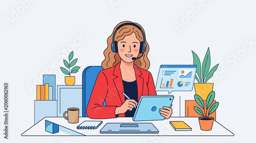 female customer service representative wearing headset working on laptop at desk with office supplies and plants