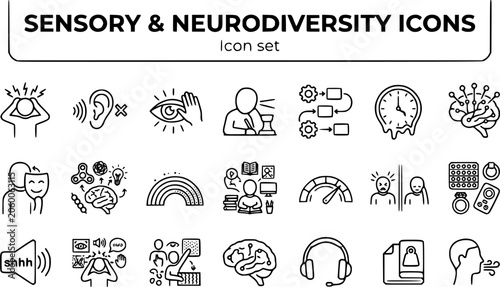 Sensory Neurodiversity Outline Icon Set Person Overwhelmed Noise Sensitivity Light Sensitivity Hyperfocus Executive Function Time Blindness Sensory Processing Masking Stim ADHD Autism Emotional