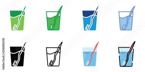 Tea Bag in Glass Icon Set – Herbal Tea Beverage, Hot Drink Infusion, Tea Cup Symbol Collection in Flat, Filled, Outline and Color Style Vector