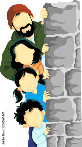 Obraz na plátně a curious family peeking out from behind a grey stone wall