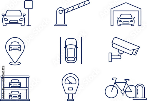 Minimal Parking Icons Set – Thin Line Vector Parking Symbols Collection, Outline Style, Navy Blue, Isolated on White Background