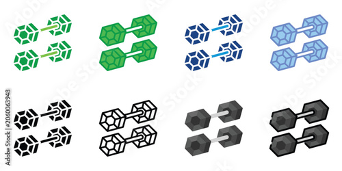 Hexagonal Dumbbell Icon Set Vector Illustration, Fitness Weight Training Equipment Symbols Collection, Gym Workout Exercise Icons in Line and Flat Design