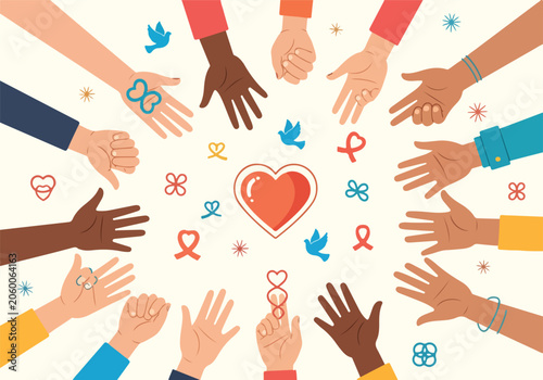 Diverse hands reaching for heart with symbols