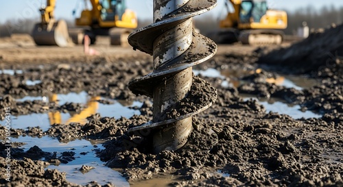 Large drill bit in wet muddy construction site auger