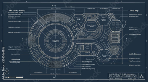 Fotografie Architectural blueprint of a futuristic circular complex with detailed interior