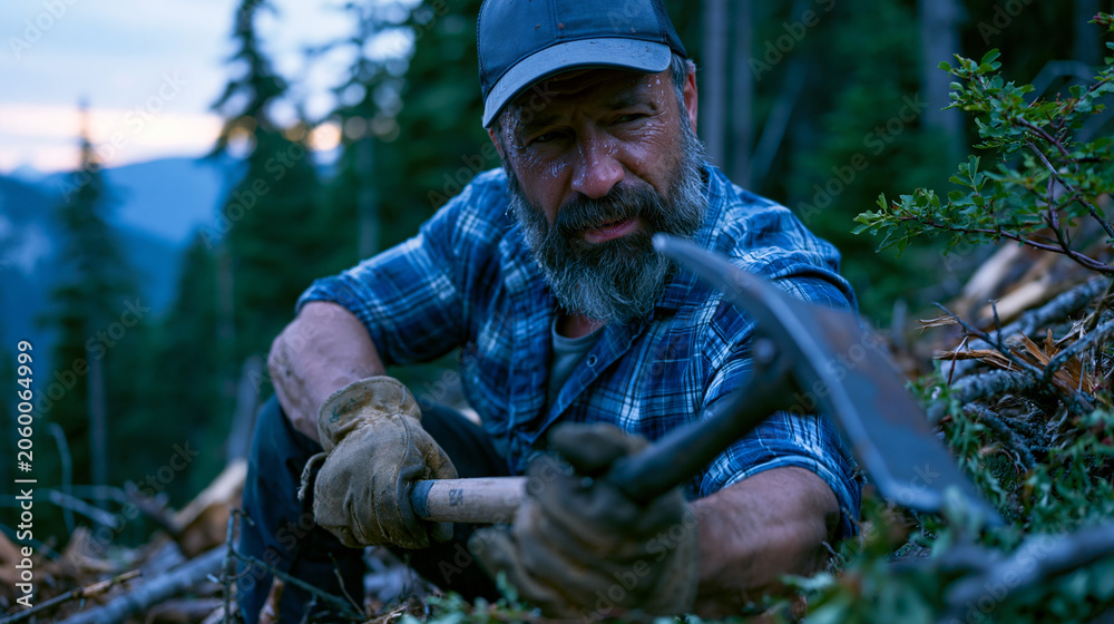 Fototapeta premium Weathered trail crew volunteer wearing canvas work gloves uses a steel pulaski tool to clear storm debris from a backcountry footpath at dusk, sweat visible on brow, pine forest stretching endlessly