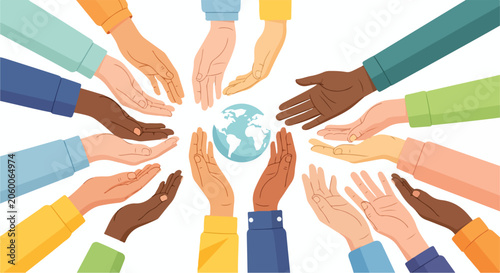 Diverse hands reaching for the globe in unity
