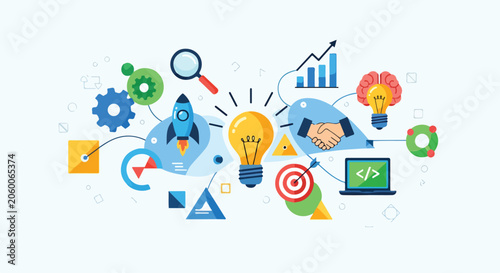 Colorful infographic with business and technology symbols
