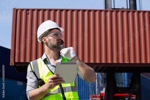 Φωτογραφία Logistics professional conducts outdoor container inspection utilizing tablet device during busy shipping yard operation while wearing protective hardhat and reflective vest attire
