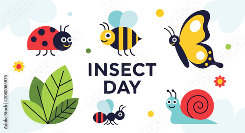 Colorful insect day poster with cartoon animals
