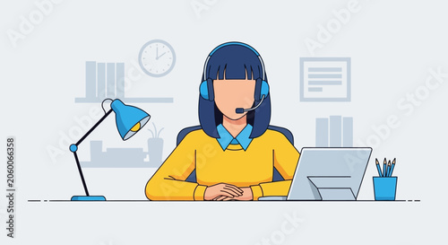 woman wearing headset sitting at desk with computer and lamp in office