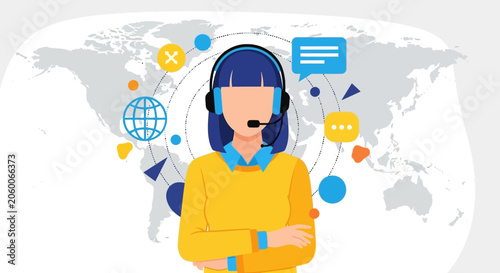customer support representative wearing headset with colorful chat icons and world map background