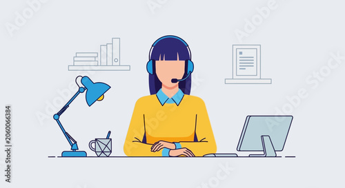 Illustration of woman wearing headset sitting at desk with computer and lamp
