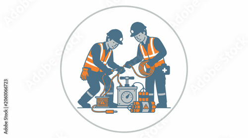 Two construction workers collaborating on equipment repair in an industrial setting