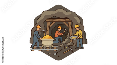 Underground mining operation with workers and cart transporting minerals