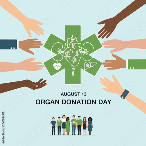 Diverse hands surround organ donation symbol on light blue