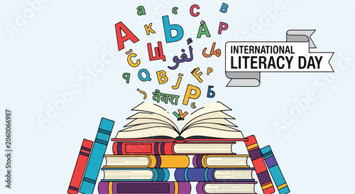 Colorful International Literacy Day graphic with books and letters