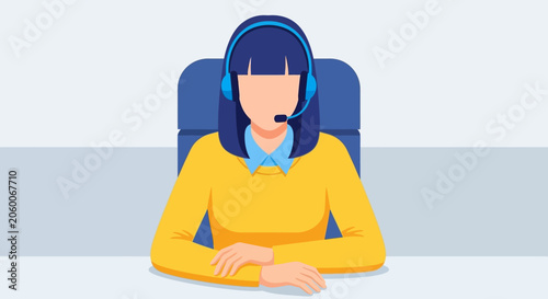 Female customer service representative wearing headset sitting at desk