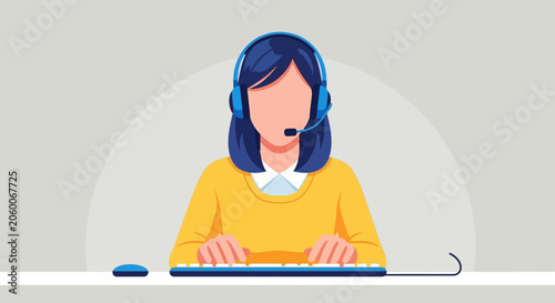 Illustration of woman wearing headset working on computer