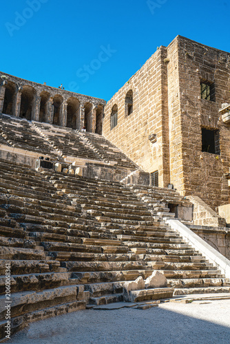 Interior wide-angle view of the well-preserved ancient Roman Theater of Aspendos in Antalya, Turkey.