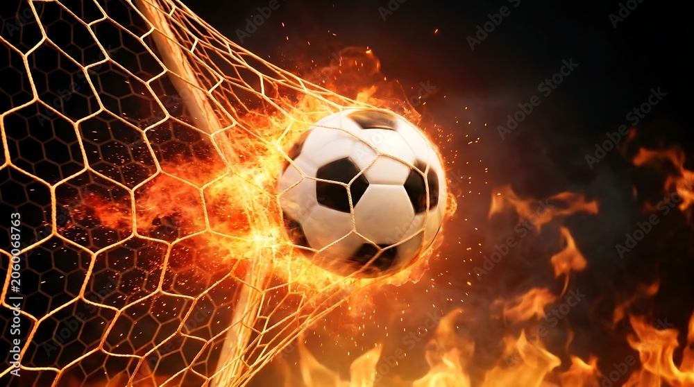 Fototapeta premium Soccer ball on fire hitting the back of the goal net during a match with football, competition