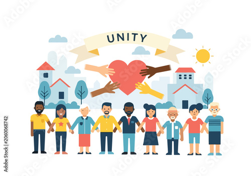 Diverse people holding hands with heart and unity banner