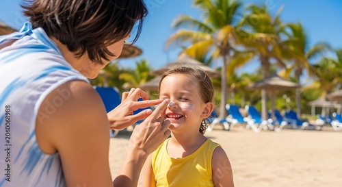 Mother applying sunscreen to smiling girl on tropical beach