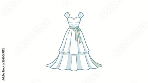 Hand drawn light blue and white tiered dress with sash ribbon on white background