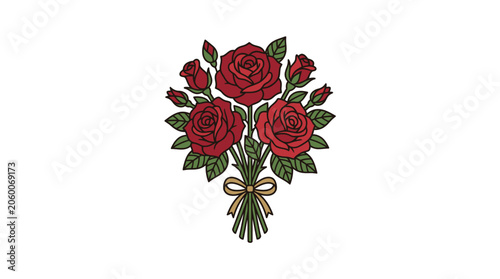 Hand drawn illustration of a classic red rose bouquet with a decorative bow