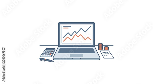 Modern laptop displaying data analytics chart with calculator and notes on desk