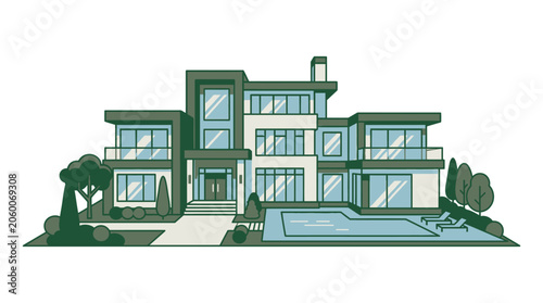 Modern luxury house with swimming pool and garden in flat illustration style