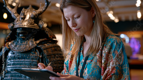 Museum conservator adjusts spotlighting on a fully assembled samurai armor display, lacquered chest plate and horned helmet mounted on a mannequin, dimly lit gallery context visible behind her as sh