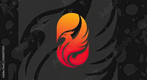 Flaming red phoenix bird circular logo graphic.