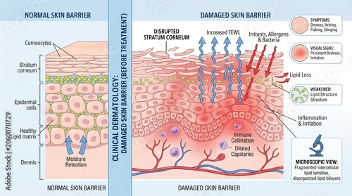 Obraz na płótnie Normal skin barrier, healthy lipid matrix, and hydrated epidermis contrast with