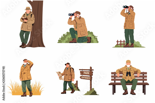 Canvastavla Active senior man birdwatching and exploring nature character set in flat vector