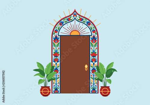 A brown door with ornate floral arch and potted plants