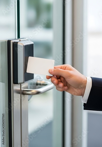 Hand holding white access card near electronic door lock reader